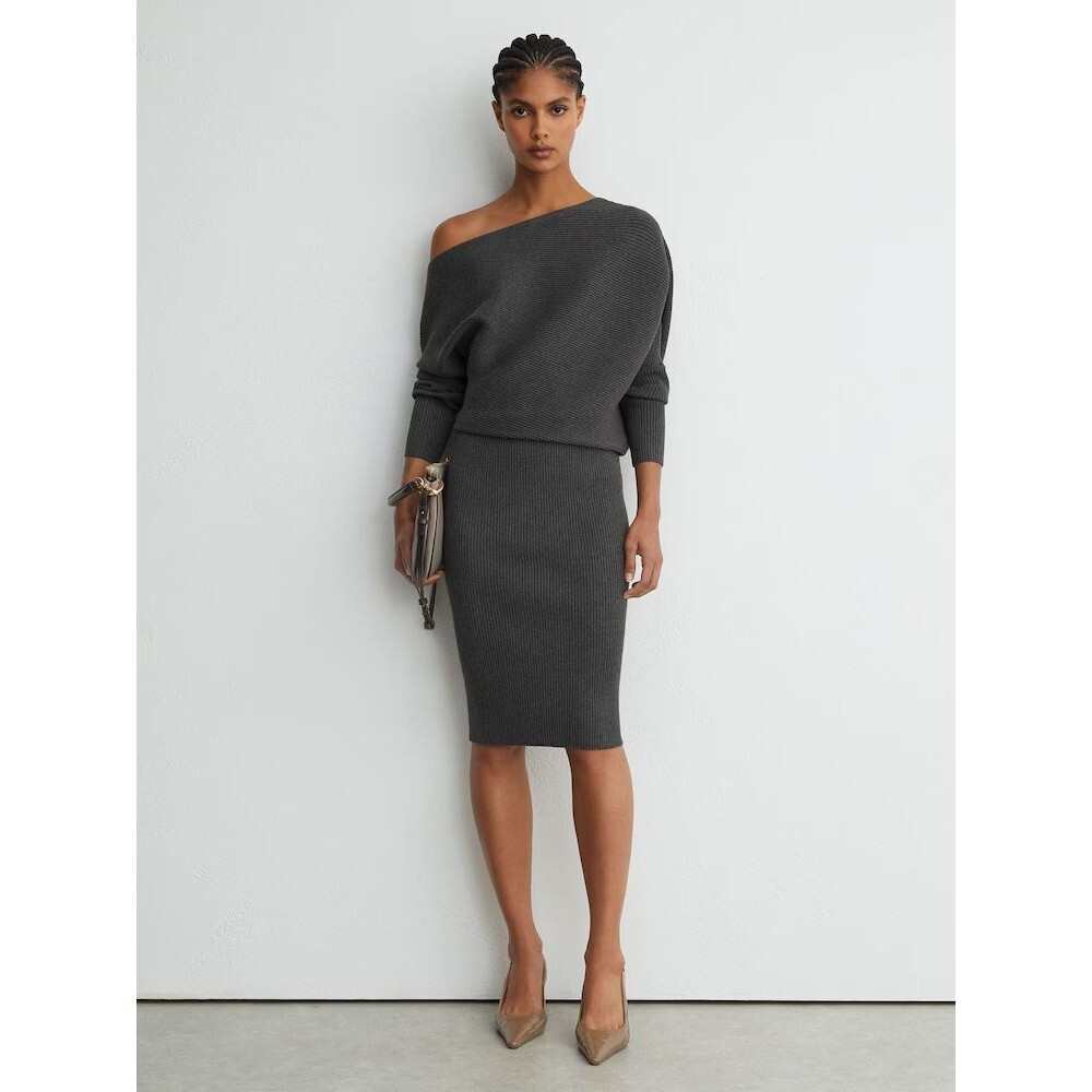REISS Lara Off The Shoulder Rib Knit Midi Sweater Dress Charcoal Small Bodycon